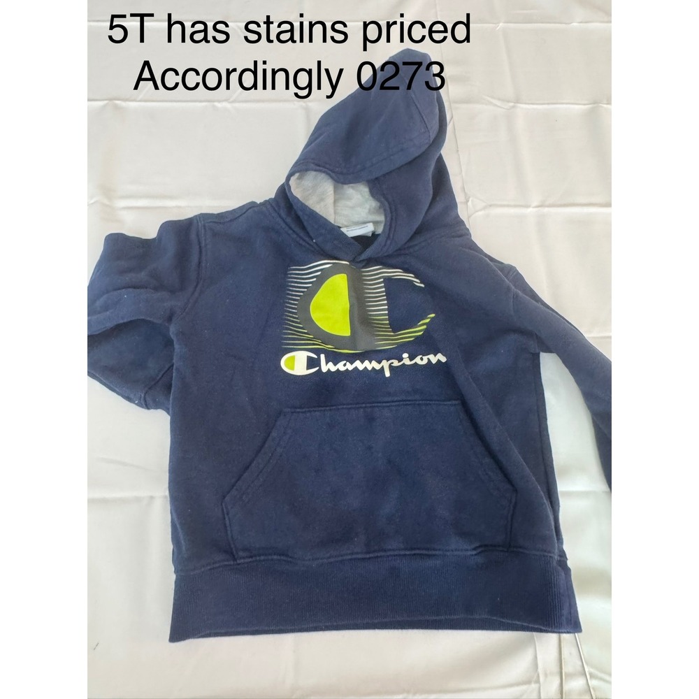 Champion Boys Hoodie Navy Blue Neon Yellow Graphic Logo Pullover Sweatshirt 5T